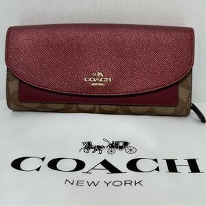 Coach Maroon and Signature Tan Continental Wallet